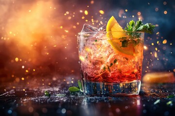 Refreshing iced cocktail with lemon and herbs, sparkling with dramatic flair.