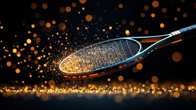 smart tennis racket with sensors, capturing data on performance and technique, surrounded by sparkling background. This innovative design enhances game experience