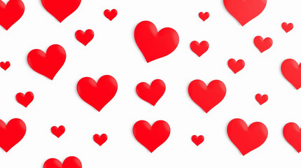 Scattered red hearts of varying sizes on a white background.  The hearts are depicted in a semi-realistic style with slight shading.  The composition is random but visually balanced.