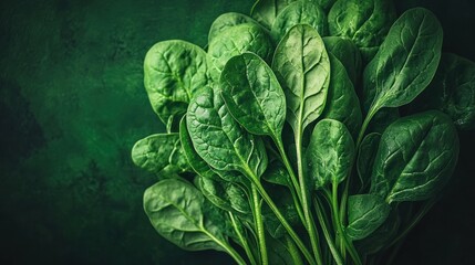 Obraz premium Fresh spinach leaves on dark green background.