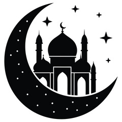 Islamic Architecture at Night, Mosque Silhouette with Stars and Crescent Moon