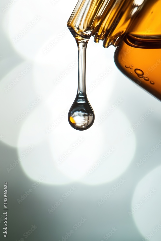 Aufkleber close-up of open aromatherapy bottle with single drop forming at tip under soft natural lighting