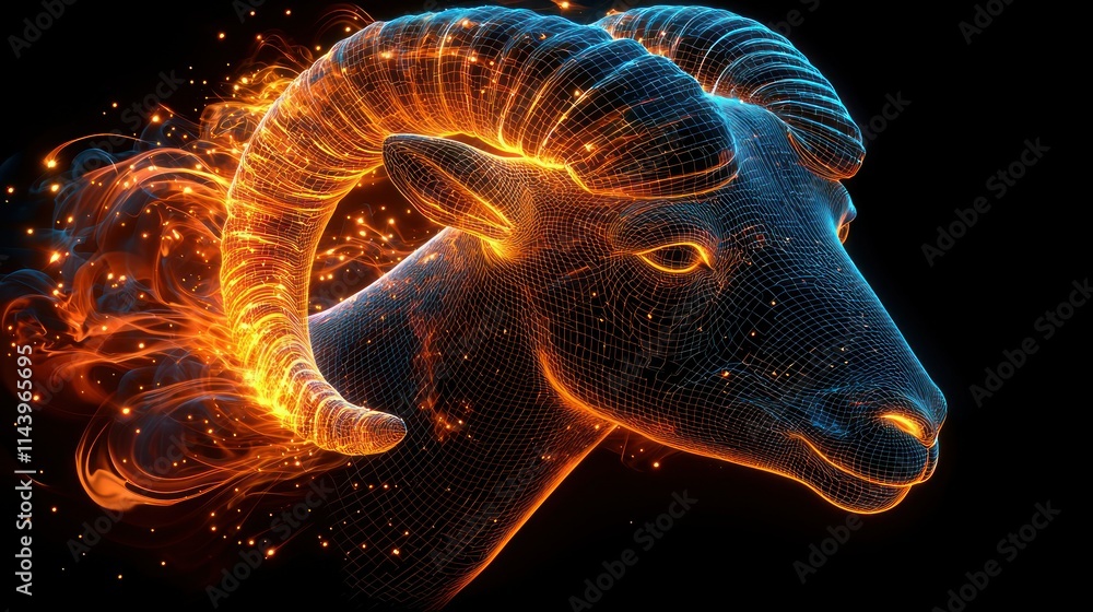 Poster 3d rendering of a ram's head with fiery effects.