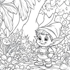 Simple Elf in Garden Coloring Page for Kids: Fun, Easy, Printable Illustration