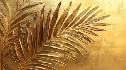 Fototapeta premium Golden colored leaf of palm close up. Painted metallic plants. Creative decoration background with nature pattern and natural texture.