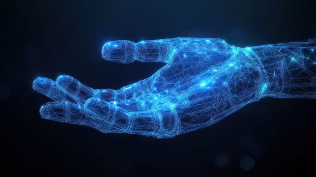 Glowing blue digital hand reaching out, offering help or connection.