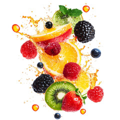 Vibrant splash of mixed fruits showcasing freshness and vitality on a transparent background, multi vitamin fruit splash isolated on transparent background