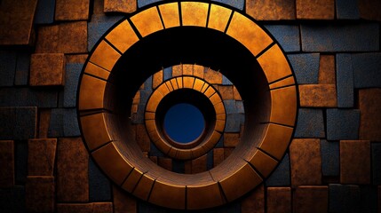 Naklejka premium Abstract Circular Structure: A mesmerizing abstract composition featuring concentric circles formed by a textured brick-like pattern, leading the eye into a deep blue void.