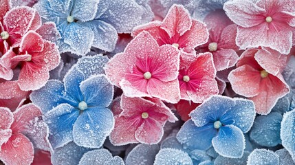 Obraz premium Frozen pink and blue hydrangeas close-up.