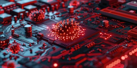 Security Hardware. Microchip Semiconductor Cyber Attack Concept on Motherboard Circuit Background