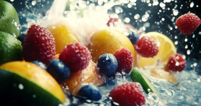 Fresh fruits and berries splash in water. Fruit and berries burst.Splash of juice.Sweet tropical fruits and mixed berries.