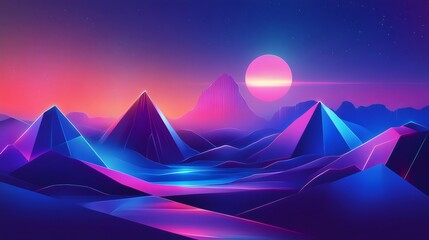Vibrant neon landscape with pyramids and a large sun.