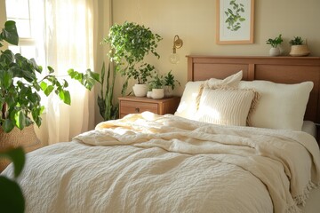 A simple, clean bedroom with soft bedding, natural wood furniture, and plants, creating a peaceful, restful retreat.