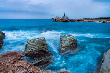 Naklejka premium Shipwreck of Edro III at Seacaves, an area of outstanding natural beauty near Coral Bay, Peiya, Cyprus