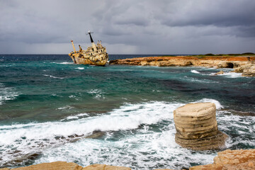 Shipwreck of Edro III at Seacaves, an area of outstanding natural beauty near Coral Bay, Peiya,...
