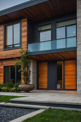 Modern Residence Exterior with Wood Siding and Balcony