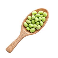 Fresh green soybeans in a wooden spoon resting on a transparent background, showcasing natural produce, green soybeans in wood spoon isolated on transparent background