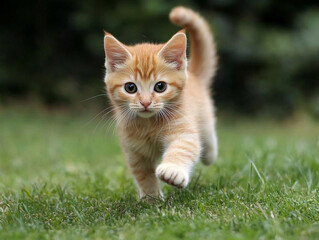 Cute kitten running on grass, adorable pet pictures