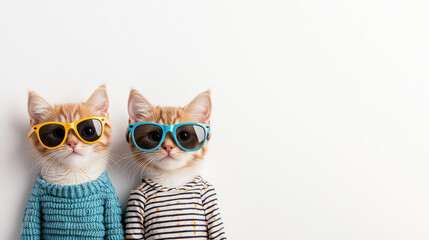 Fototapeta premium Adorable kittens wearing trendy sunglasses and colorful sweaters, showcasing their playful personalities. These stylish cats are ready for fun and adventure