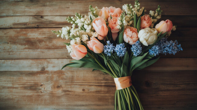 Spring bridal bouquet with tulips and blue accents