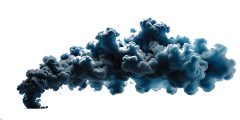 Beautiful blue smoke plume isolated on transparent background. bright orange paint color powder festival background.	