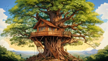 Naklejka premium Dreamy illustration of a treehouse in an oversized watercolor oak tree