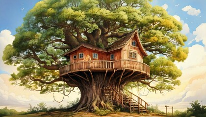 Dreamy illustration of a treehouse in an oversized watercolor oak tree