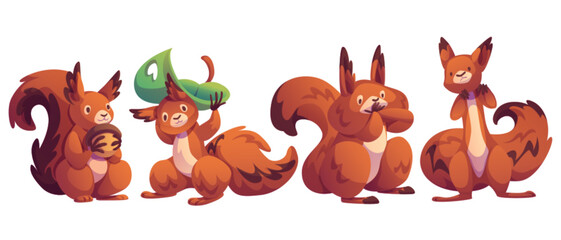 Cute squirrel character set. Cartoon mascot in different poses - holding acorn, hiding under green leaf umbrella, eating and standing tall. Expressive forest animal with brown fur and playful gestures © klyaksun