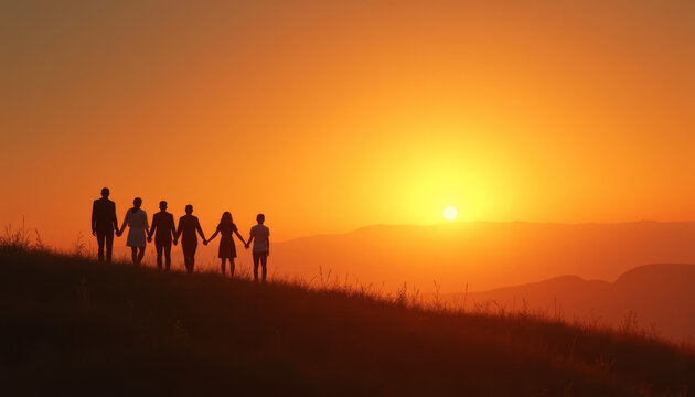 Silhouette of friends holding hands at sunset representing unity and hope for a cure