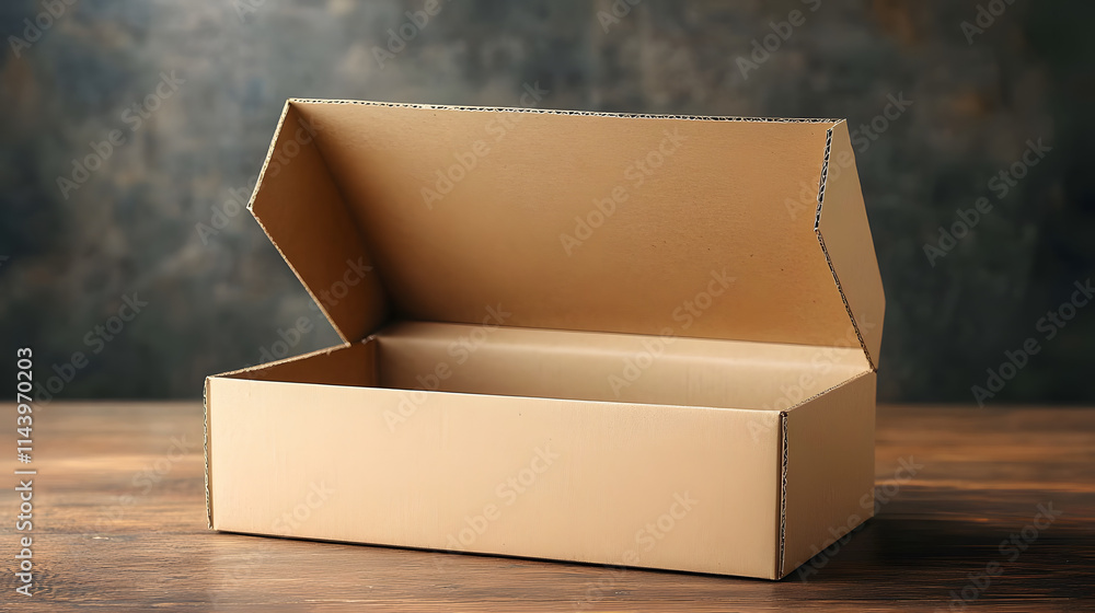 Aufkleber plain cardboard box on a table with flaps open, representing versatile use in storage, shipping, or 