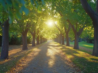 Naklejka premium A tranquil forest path lined with tall trees, dappled sunlight shining through the leaves, creating a serene atmosphere.