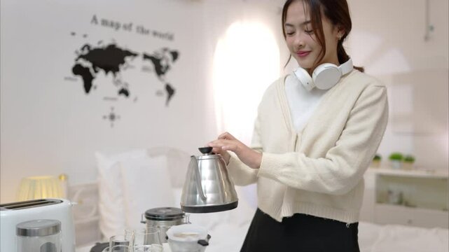 Asian young woman enjoying bread and coffee for breakfast at home, morning routine before work