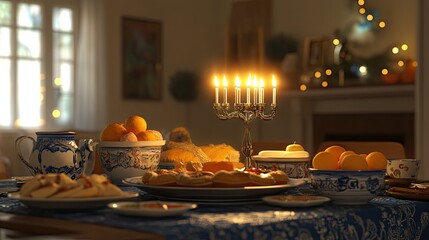 Festive Dinner Table with Candles and Delicious Desserts
