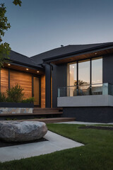 Fototapeta premium Modern house exterior at dusk. Dark gray siding contrasts with light wood paneling. Large windows and a glass balcony are visible. Landscaped yard with stone feature.