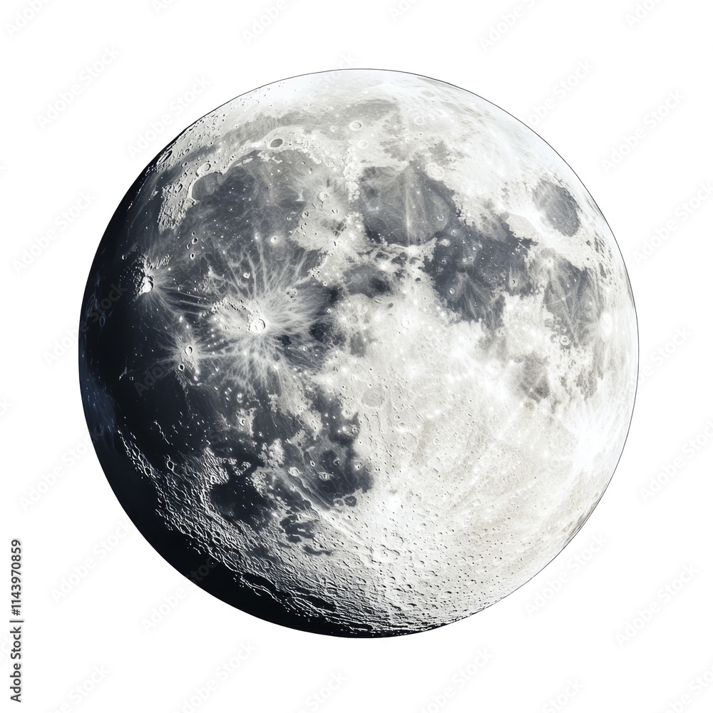 Poster a detailed view of the moon with visible craters on a pure transparent background showcasing celesti