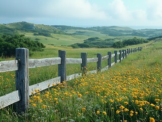 Peaceful Countryside with Rolling Hills and Wooden Fence Landscape