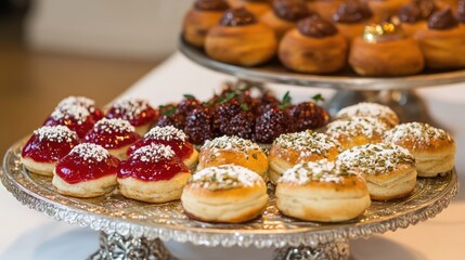Fototapeta premium Delicious assorted pastries with colorful toppings on elegant tray
