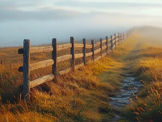 Obraz premium Rustic Wooden Fence Along Peaceful Countryside Meadow with Rolling Hills in the Background