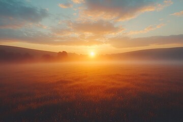 Misty Sunrise Over Peaceful Countryside with Rolling Hills in Soft Warm Glow