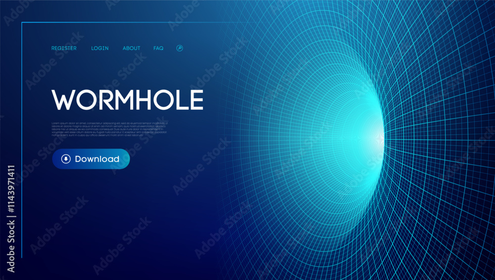 Poster futuristic wormhole with blue digital grid and text layout for online navigation interface.