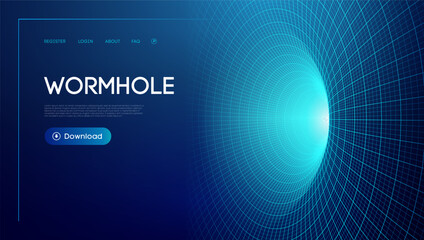 Futuristic wormhole with blue digital grid and text layout for online navigation interface. © RDVector