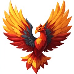 Obraz premium Fiery phoenix bird with outstretched wings, red and orange plumage.