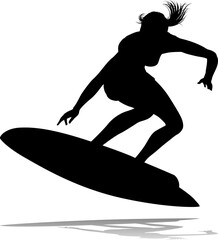 Surfer surfboard boarding female surfer surfing silhouette outline. Woman surf pose design concept.