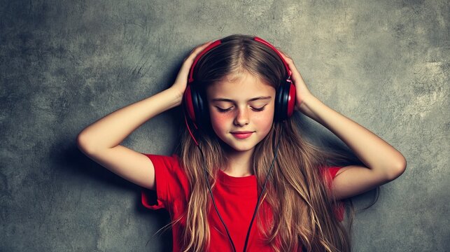 Girl in headphones on grey