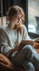 Obraz premium A woman sitting in a quiet space, journaling about gratitude, reflecting on the importance of mental well-being.