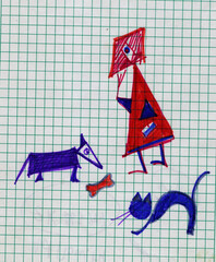 A woman walking with a dog and a cat