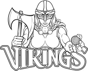 A female Viking, Trojan Spartan or Celtic warrior woman gladiator knight golf sports mascot