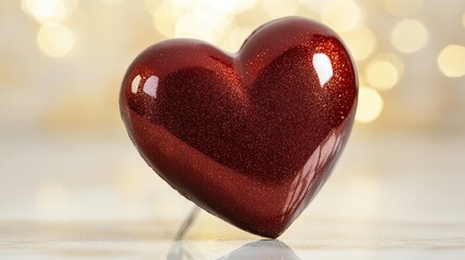 Fototapeta premium Shiny Red Heart Shape Decoration on Soft Background with Bokeh Lights