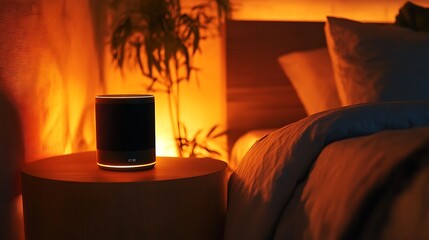 Smart speaker on nightstand in dimly lit bedroom.