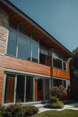 Modern residential building with cedar wood siding, large windows, and a stone accent wall. Gray-framed sliding glass doors lead to an entrance.  Landscaping is minimal.